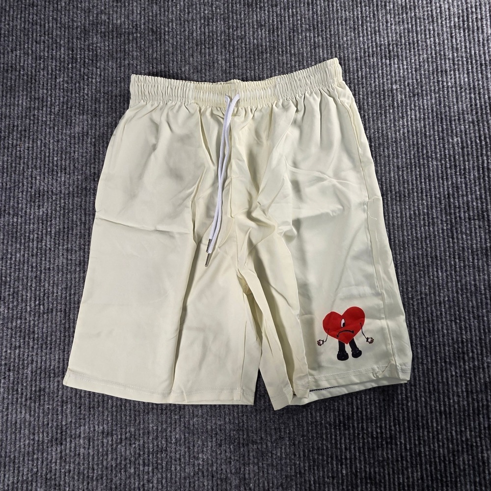 Unbranded‎ Sad Heart Graphic Athletic Shorts Cream Size M Drawstring Waist